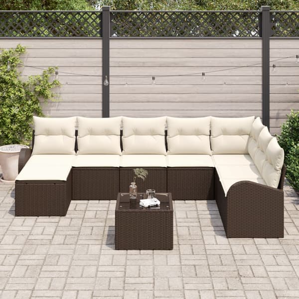 Trädgårdsoffset med kudde 9 pcs Brun Poly rattan