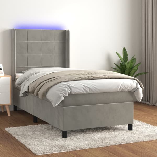 Ramsäng med madrass & LED ljusgrå 90x190 cm sammet