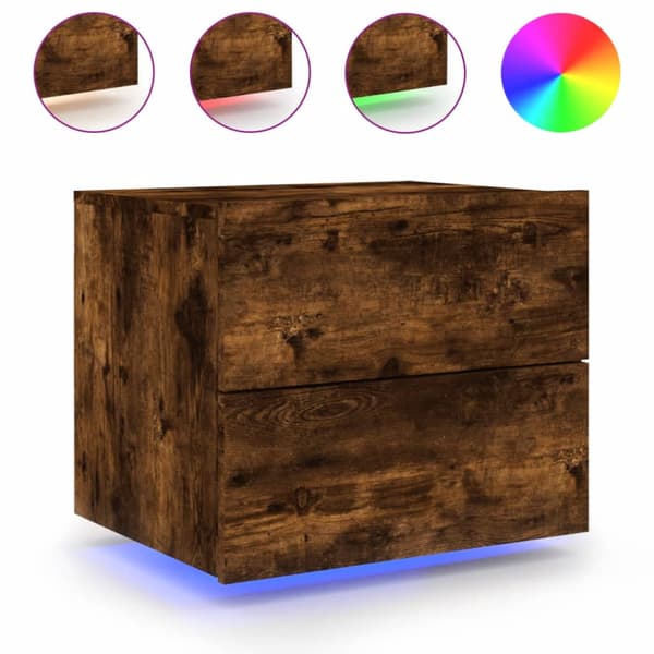 Väggmonterade sängbord med LED-lampor 2 st rökfärgad ek