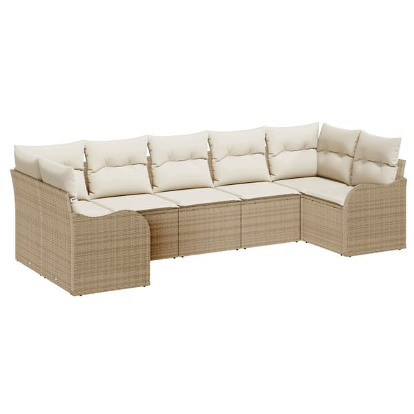 Trädgårdsoffset med kudde 7 pcs Beige och vit Poly rattan