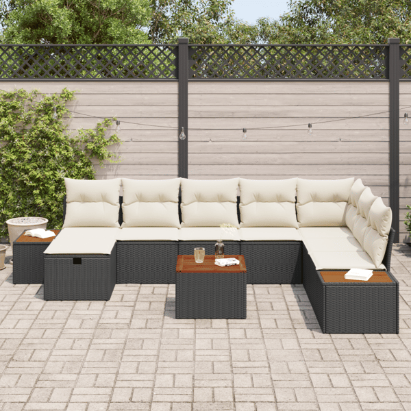 Trädgårdsoffset med kudde 9 pcs Svart Poly rattan