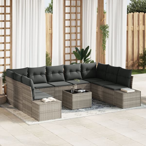 Trädgårdsoffset med kudde 9 pcs Ljusgrå Polyrattan
