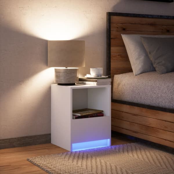 Sängbord med LED-lampor vit konstruerat trä
