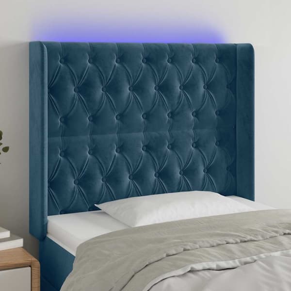 Sänggavel LED mörkblå 93x16x118/128 cm sammet
