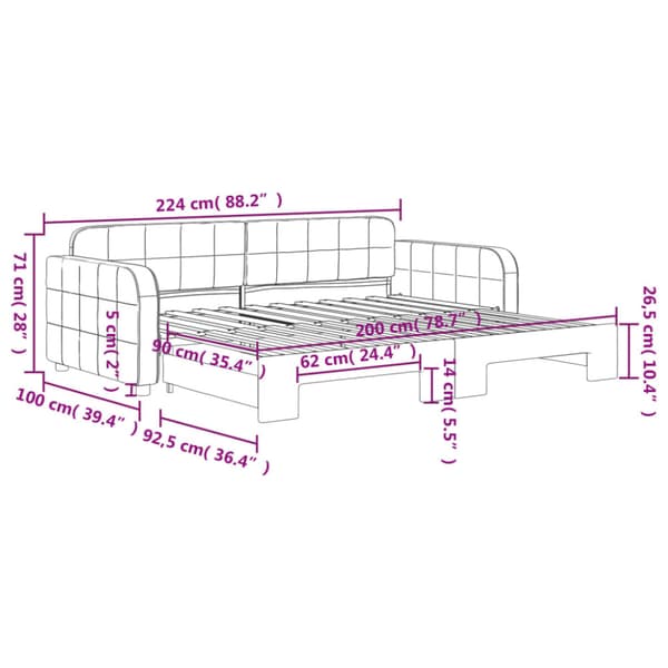 Dagbädd utdragbar rosa 90x200 cm sammet