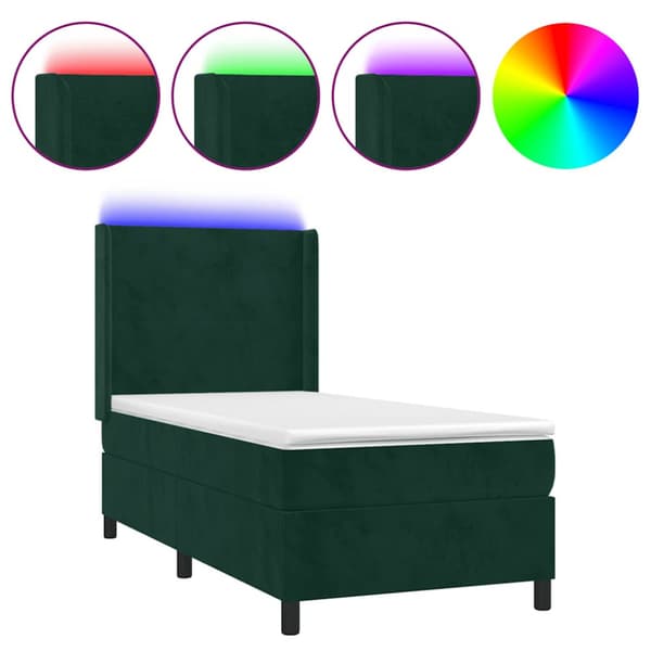 Ramsäng med madrass & LED mörkgrön 90x200 cm sammet