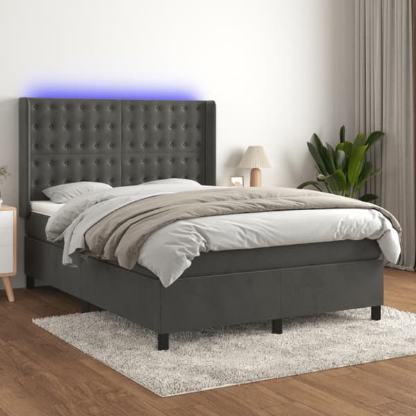 Ramsäng med madrass & LED mörkgrå 140x190 cm sammet