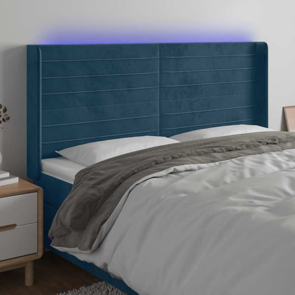 Sänggavel LED mörkblå 183x16x118/128 cm sammet