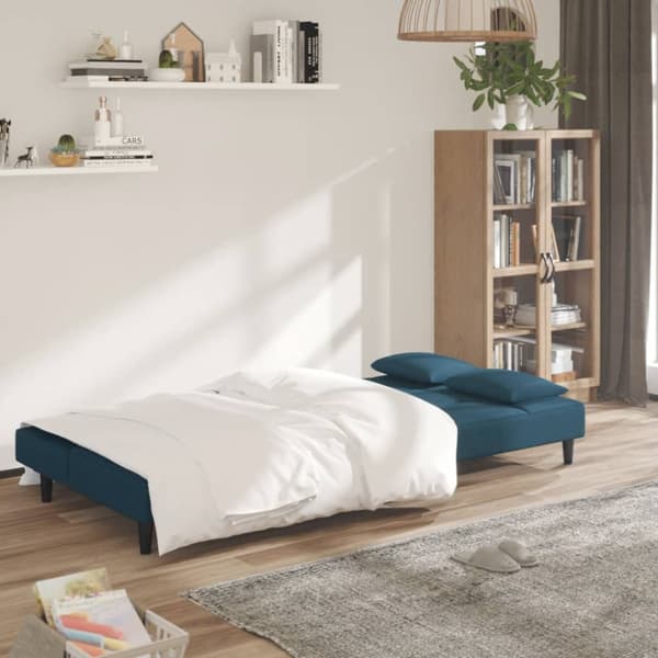 Bäddsoffa 2-sits med två kuddar blå sammet