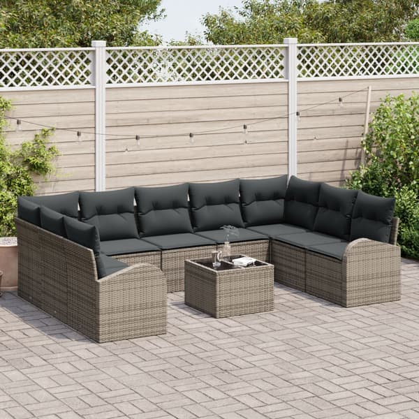 Soffset med kudde 10 pcs Grå Poly Rattan