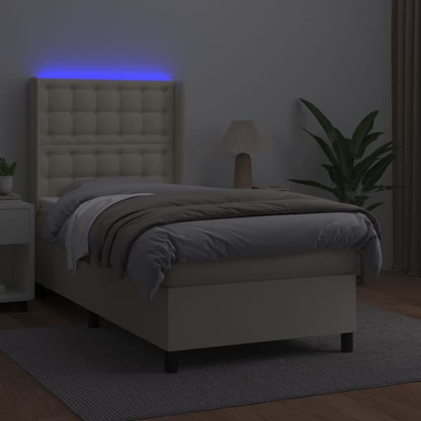 Ramsäng med madrass & LED gräddvit 80x200 cm konstläder