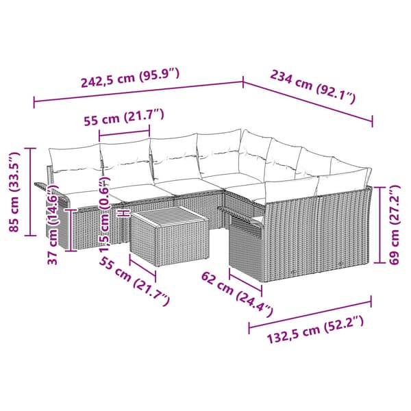 Trädgårdsoffset med kudde 9 pcs Beige konstrotting