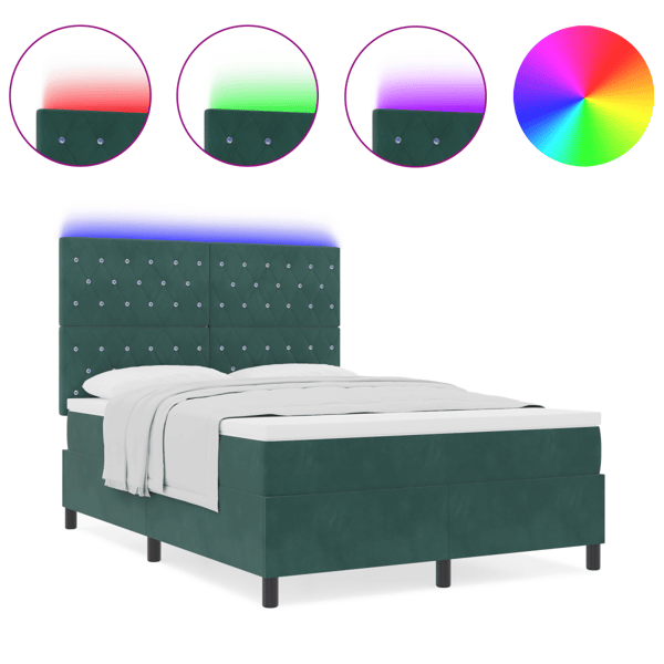 LED Box Säng med madrass Mörkgrön 140 x 190 cm Sammet