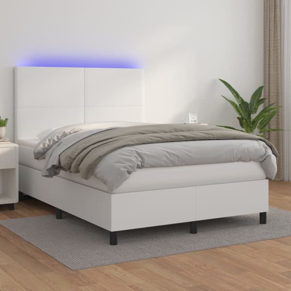Ramsäng med madrass & LED vit 140x190 cm konstläder