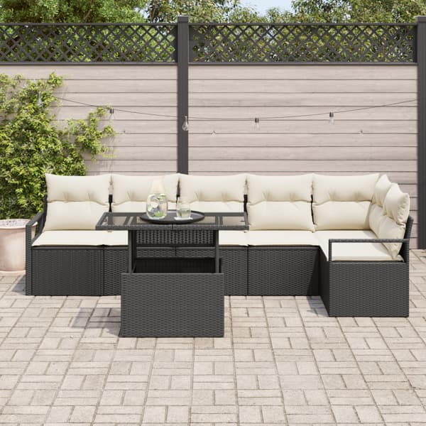 Trädgårdsoffset med kudde 7 pcs Svart Poly rattan