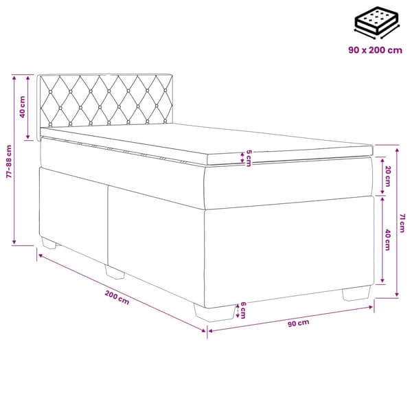 Boxspring säng med madrass och LED Mörkgrå 90 x 200 cm Sammet