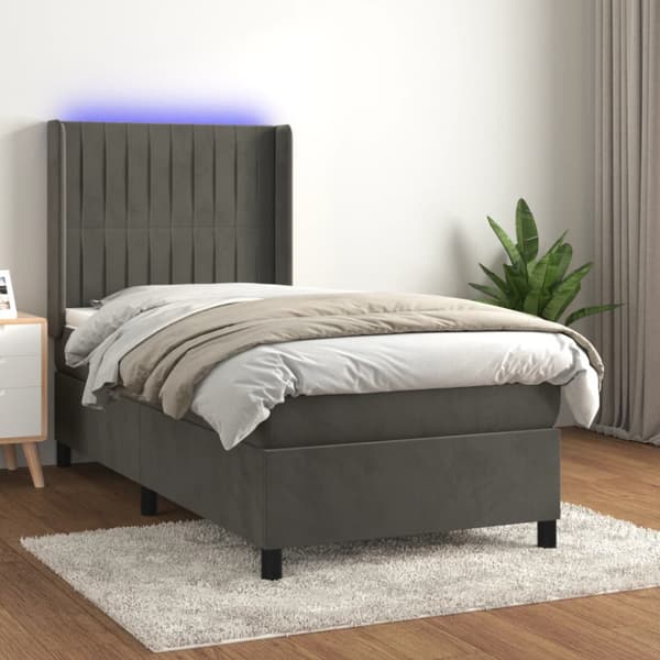 Ramsäng med madrass & LED mörkgrå 90x190 cm sammet