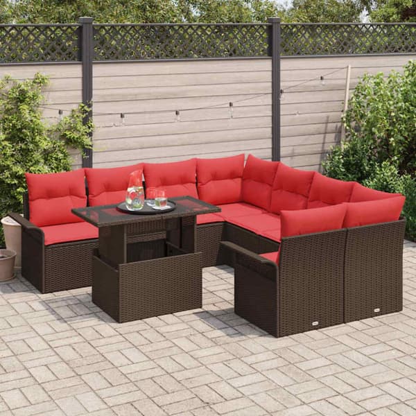 Trädgårdsoffset med kudde 9 pcs Brun Poly rattan