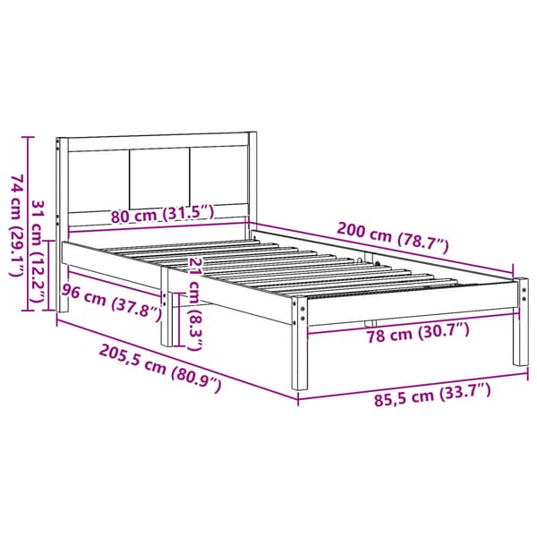 Sängram Vit 80 x 200 cm Massivt tallträ
