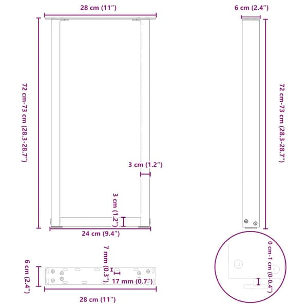 Konsolbordsben U-formade 2 st svarta 28x(72-73) cm stål