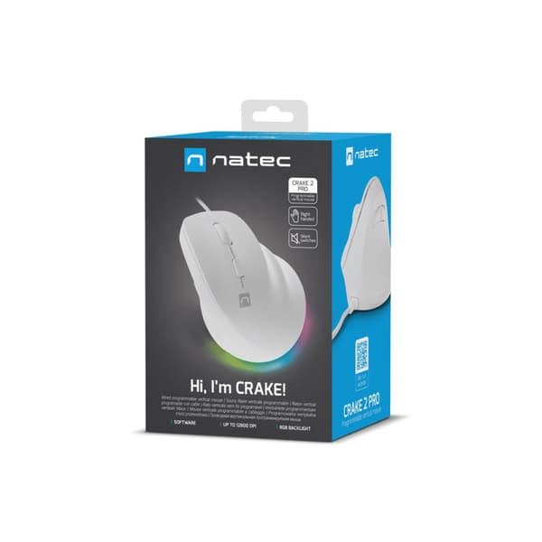 Natec CRAKE 2 PRO - vertikal mus - USB - vit