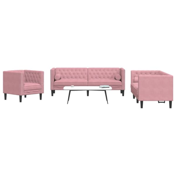 Soffgrupp chesterfield 3 delar bolsterkuddar rosa sammet