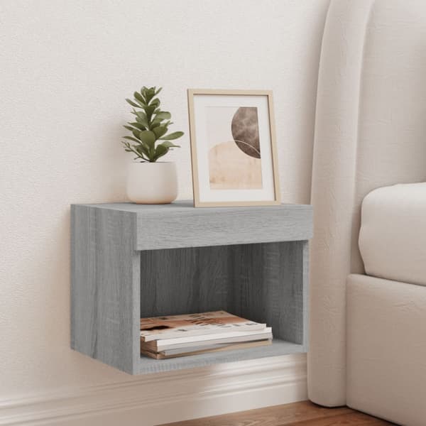 Väggmonterade sängbord med LED-lampor 2 st grå sonoma