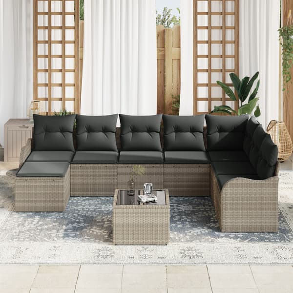 Trädgårdsoffset med kudde 9 pcs Ljusgrå Poly rattan