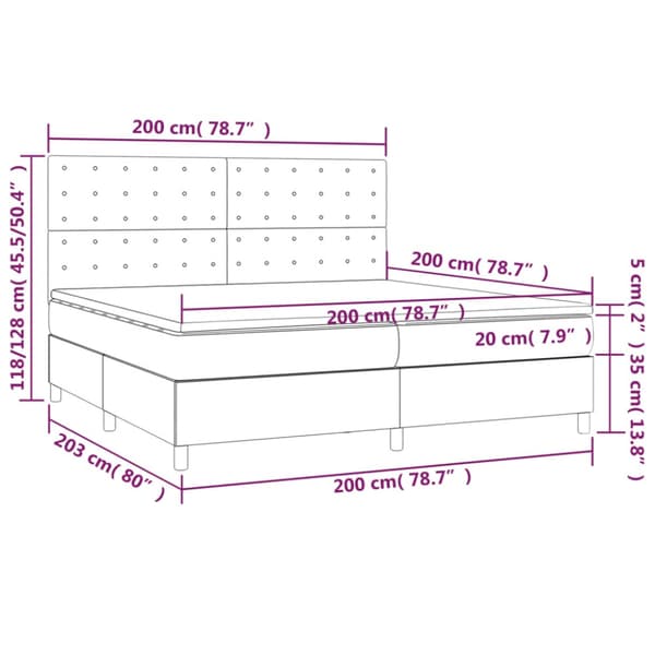 Ramsäng med madrass & LED mörkgrå 200x200 cm tyg
