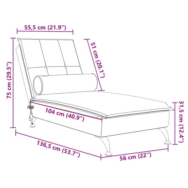 Massageschäslong med bolster ljusgrå sammet
