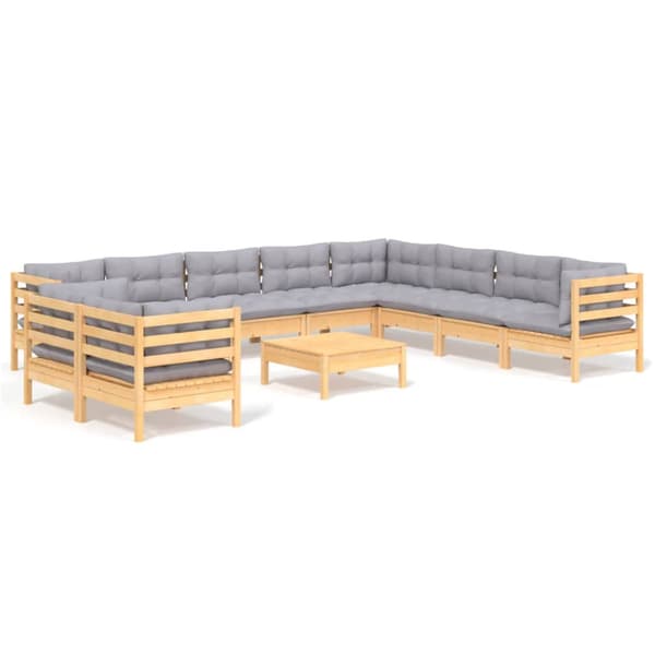 Loungegrupp med dynor 11 delar grå furu