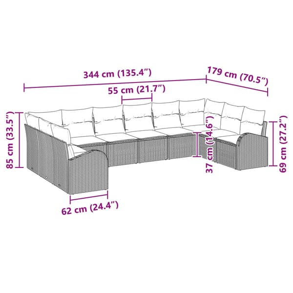 Soffset med kudde 10 pcs Ljusgrå Polyrattan