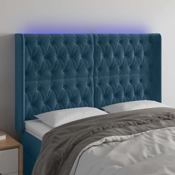Sänggavel LED blå 163x16x118/128 cm sammet