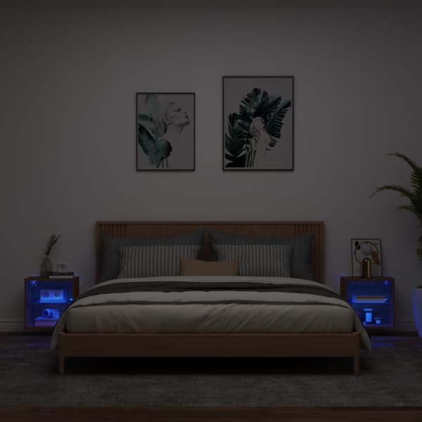 Väggmonterade sängbord med LED-lampor 2 st brun ek