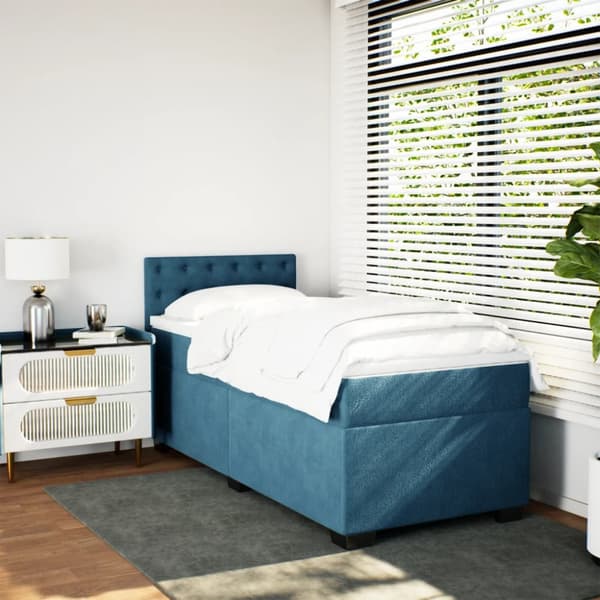 Ramsäng med madrass blå 90x190 cm sammet