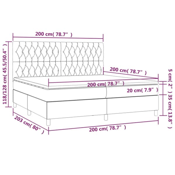Ramsäng med madrass & LED mörkbrun 200x200 cm tyg