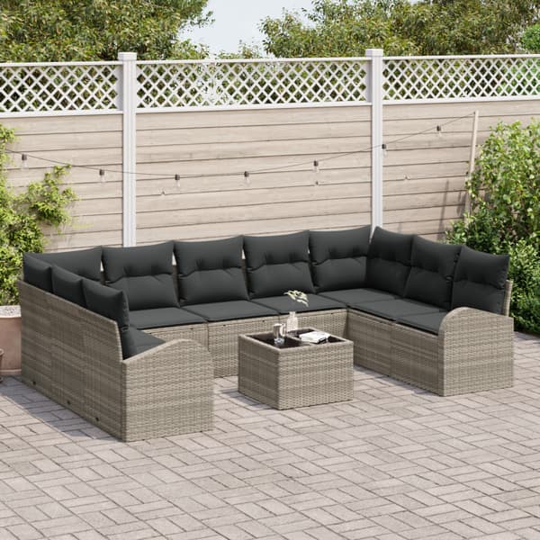 Soffset med kudde 10 pcs Ljusgrå Poly Rattan