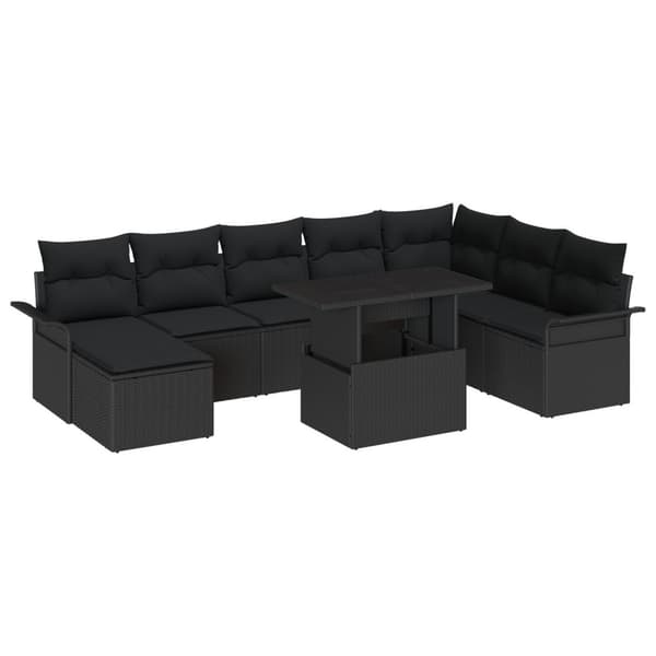 Trädgårdsoffset 9 pcs Svart Poly Rattan och Pulverlackerad Stål