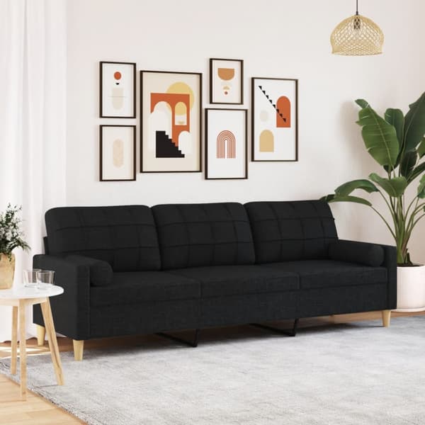 3-sitssoffa med prydnadskuddar svart 210 cm tyg