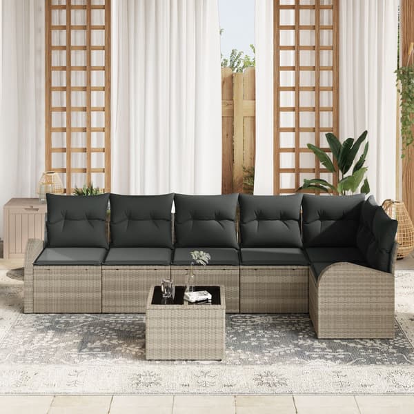 Trädgårdsoffset med kudde 7 pcs Ljusgrå Poly rattan