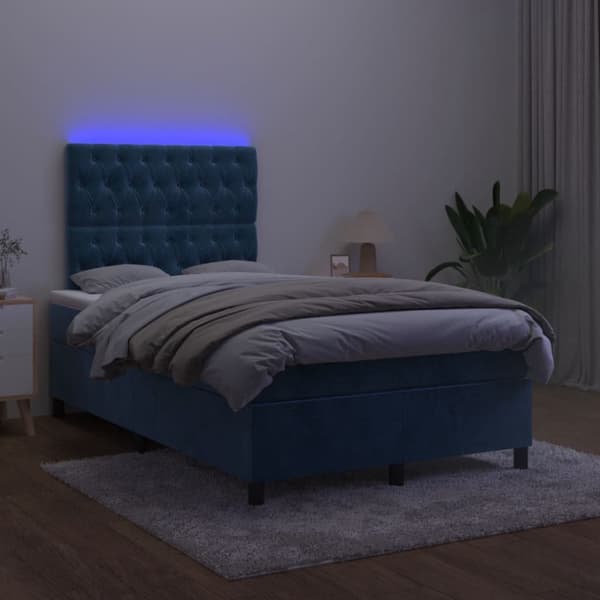Ramsäng med madrass & LED mörkblå 120x190 cm sammet