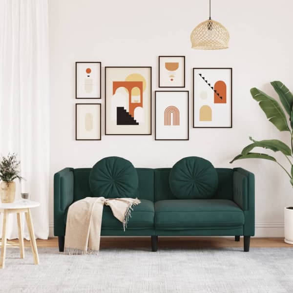 Soffa med kuddar 2-sits mörkgrön sammet