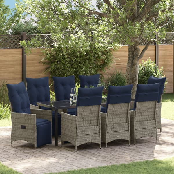 Bord- och stolset med kudde 9 pcs Grå PE Rattan