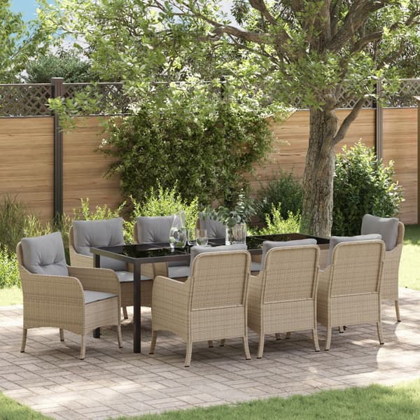 Trädgårdsmöbelset med kudde 9 pcs Beige konstrotting