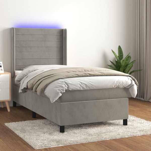 Ramsäng med madrass & LED ljusgrå 90x190 cm sammet