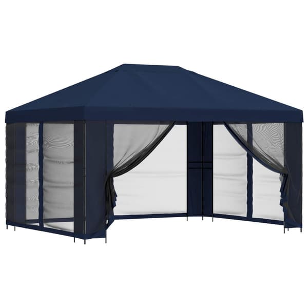 Trädgårdsgazebo med sidoväggar 4 × 3 m Blå Polyester och Stål