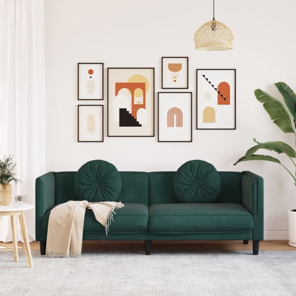 Soffa med kuddar 3-sits mörkgrön sammet