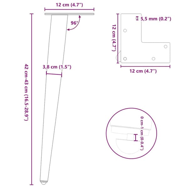 Soffbordsben koniska 4 st antracit 42-43 cm stål
