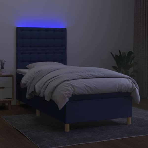 Ramsäng med madrass & LED blå 90x200 cm tyg