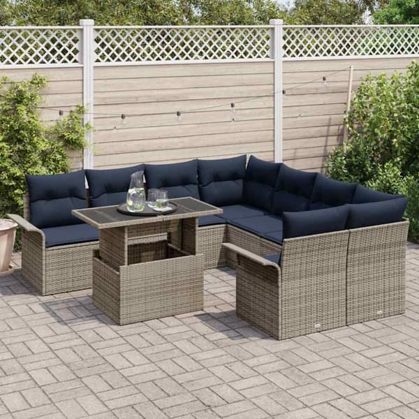 Trädgårdsoffset med kudde 9 pcs Grå Poly rattan